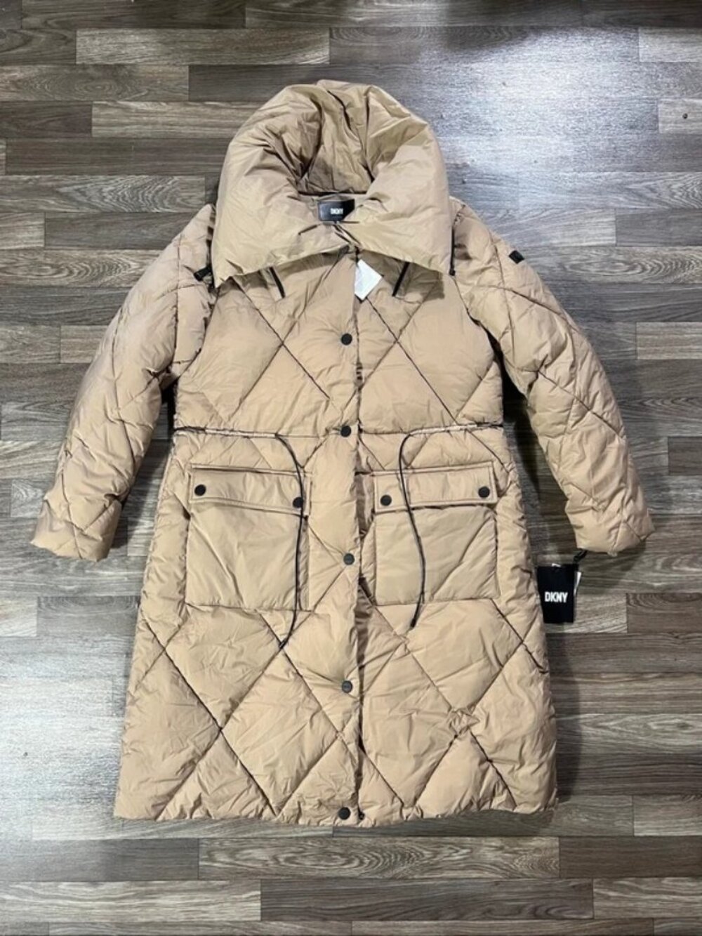 DKNY Women’s XL Beige Long Faux Down Puffer Coat Hooded Water Resistant NWT